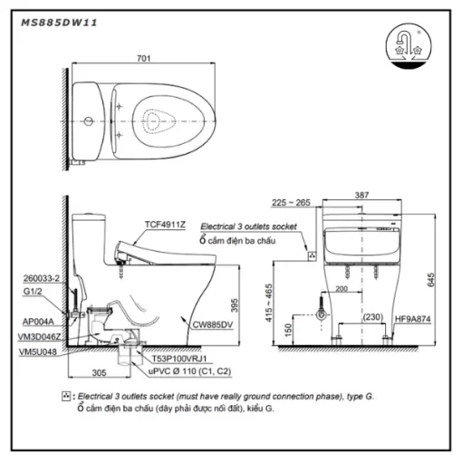 Bồn Cầu Điện Tử TOTO MS885DW11#XW Kèm Nắp Rửa Điện Tử WASHLET Dòng S7 – TCF4911Z (220V) - 5