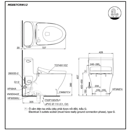 Bồn Cầu Điện Tử TOTO MS887CRW12#XW Kèm Nắp Rửa Điện Tử WASHLET (Loại Giấu Dây) Dòng S7 – TCF4911EZ (220V) - 5