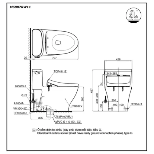 Bồn Cầu Điện Tử TOTO MS887RW11#XW Kèm Nắp Rửa Điện Tử WASHLET Dòng S7 – TCF4911Z (220V) - 5