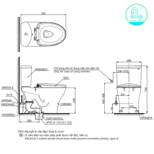 Bồn Cầu TOTO CS838DT8#XW 2 Khối Nắp Đóng Êm TC600VS - 7