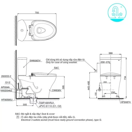Bồn Cầu TOTO CS838DT3#XW 2 Khối Nắp Đóng Êm TC385VS - 5