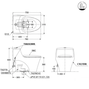 Bồn Cầu Điện Tử TOTO MS823DRW11#XW Kèm Nắp Rửa Điện Tử WASHLET Dòng S7 – TCF4911Z (220V) - 11