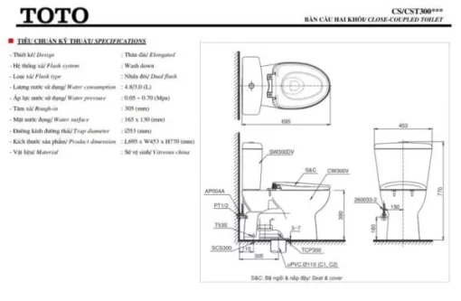 Bồn Cầu TOTO 2 Khối CS300DRT3#W Nắp Đóng Êm TC385VS - 7