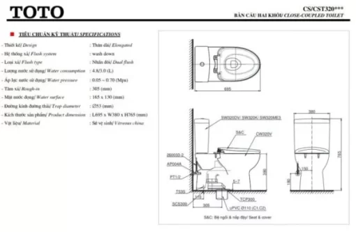 Bồn Cầu TOTO CS320DRT3#W 2 Khối Nắp Đóng Êm TC385VS - 5