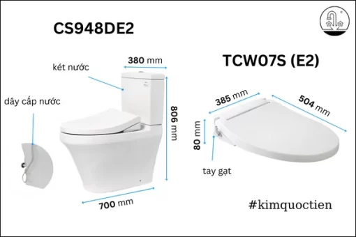 Bồn Cầu TOTO CS948DE2#XW 2 Khối Nắp Rửa Cơ TCW07S - 5