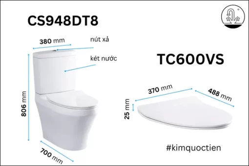 Bồn Cầu TOTO 2 Khối CS948DT8#XW Nắp Đóng Êm TC600VS - 5