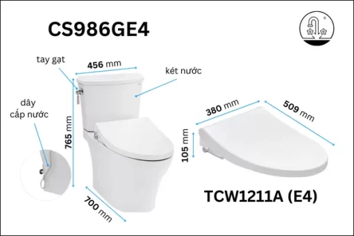 Bồn Cầu TOTO CS986GE4#XW 2 Khối Nắp Rửa Cơ TCW1211A - 5