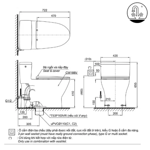 Bồn Cầu Điện Tử TOTO MS188VKW14#XW/T53P100VR Kèm Nắp Rửa Điện Tử WASHLET Dòng C5 – TCF24410AAA (220V) - 5