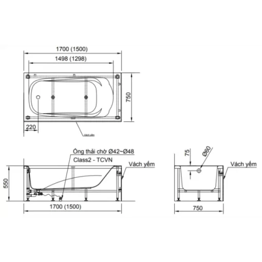 Bồn Tắm INAX FBV-1702SL Chân Yếm Trái 1.7M - 7