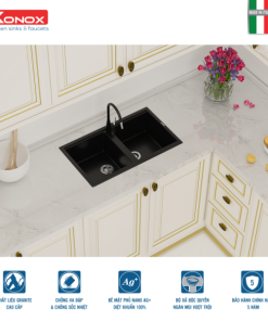 Granite sink Phoenix 860 BlackSiphon, giá úp bát inox KONOX - 69