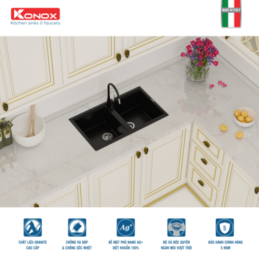 Granite sink Phoenix 860 BlackSiphon, giá úp bát inox KONOX - 7
