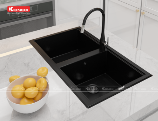 Granite sink Phoenix 860 BlackSiphon, giá úp bát inox KONOX - 11