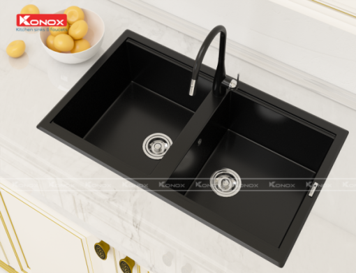 Granite sink Phoenix 860 BlackSiphon, giá úp bát inox KONOX - 13