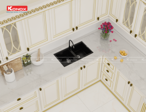 Granite sink Phoenix 860 BlackSiphon, giá úp bát inox KONOX - 9