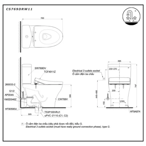 Bồn Cầu Điện Tử TOTO CS769DRW11#XW Kèm Nắp Rửa Điện Tử WASHLET Dòng S7 – TCF4911Z (220V) - 5