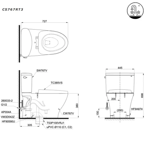 Bồn Cầu TOTO CS767RT3#XW 2 Khối Nắp Đóng Êm TC385VS - 9