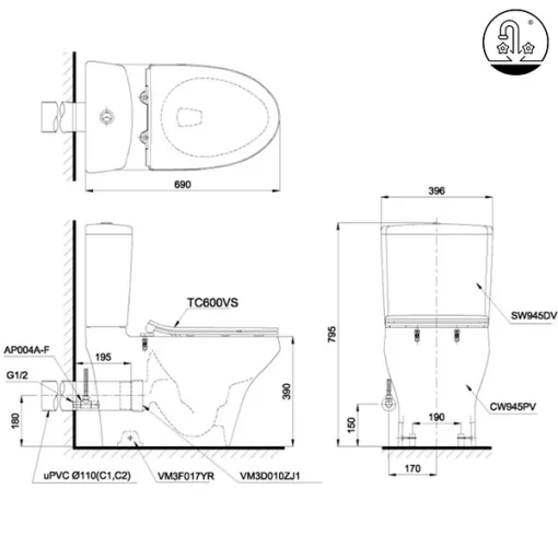 Bồn Cầu TOTO CS945PDT8#W 2 Khối Nắp Đóng Êm TC600VS - 7