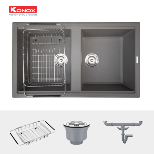Granite sink Phoenix 860 GreySiphon, giá úp bát inox KONOX - 5