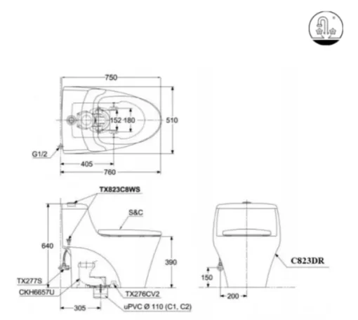 Bồn Cầu TOTO CW823RAE2#W/T53P100VR 1 Khối Nắp Rửa Cơ TCW07S - 7