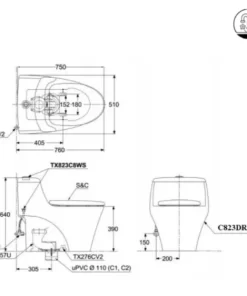 Bồn Cầu TOTO MS823DRE2#XW 1 Khối Nắp Rửa Cơ TCW07S - 13
