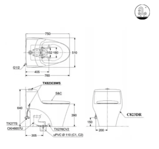 Bồn Cầu TOTO MS823DRE2#XW 1 Khối Nắp Rửa Cơ TCW07S - 7