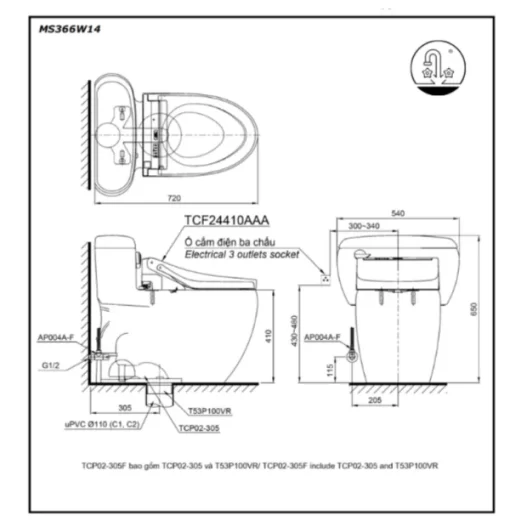 Bồn Cầu Điện Tử TOTO MS688W14#XW Kèm Nắp Rửa Điện Tử WASHLET Dòng C5 – TCF24410AAA (220V) - 5