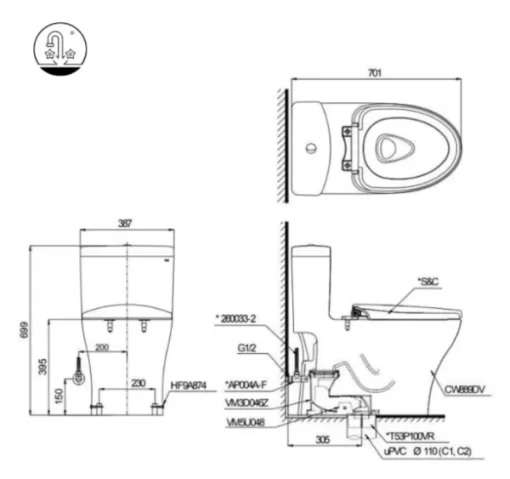 Bồn Cầu Điện Tử TOTO MS889CDRW17#XW Kèm Nắp Rửa Điện Tử WASHLET (Loại Giấu Dây) Dòng C2 – TCF23460AAA (220V) - 5