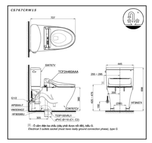 Bồn Cầu Điện Tử TOTO CS767CRW15#XW Kèm Nắp Rửa Điện Tử WASHLET (Loại Giấu Dây) Dòng C5 – TCF24460AAA (220V) - 5