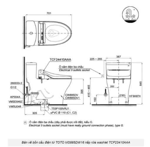 Bồn Cầu Điện Tử TOTO MS885DW16#XW Kèm Nắp Rửa Điện Tử WASHLET Dòng C2 – TCF23410AAA (220V) - 7