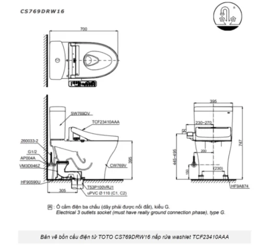 Bồn Cầu Điện Tử TOTO CS769DRW16#XW Kèm Nắp Rửa Điện Tử WASHLET Dòng C2 – TCF23410AAA (220V) - 7
