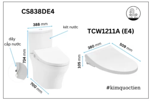 Bồn Cầu TOTO CS838DE4#XW 2 Khối Nắp Rửa Cơ TCW1211A - 5