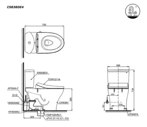 Bồn Cầu TOTO CS838DE4#XW 2 Khối Nắp Rửa Cơ TCW1211A - 7