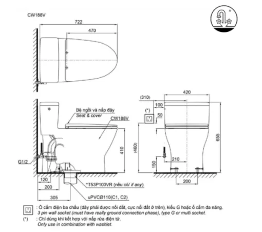 Bồn Cầu TOTO MS188VKE4#XW/T53P100VR 1 Khối Nắp Rửa Cơ TCW1211A - 7