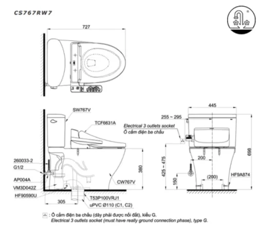 Bồn Cầu Điện Tử TOTO CS767RW7#XW Kèm Nắp Rửa Điện Tử WASHLET Dòng C2 – TCF6631A (220V) - 5