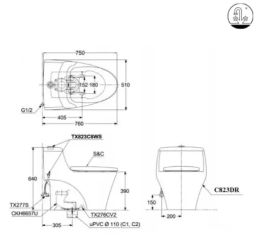 Bồn Cầu TOTO MS823DRT2#XW 1 khối Nắp Đóng Êm TC393VS - 7