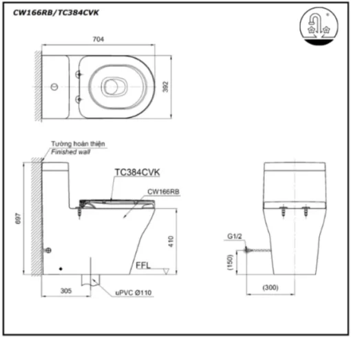 Bồn cầu TOTO CW166RB#XW/ TC384CVK#W /T53P100VR 1 khối nắp đóng êm TC384CVK#W - 5