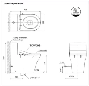 Bồn Cầu TOTO CW166RB#XW 1 Khối Nắp Rửa Cơ TCW09S - 9