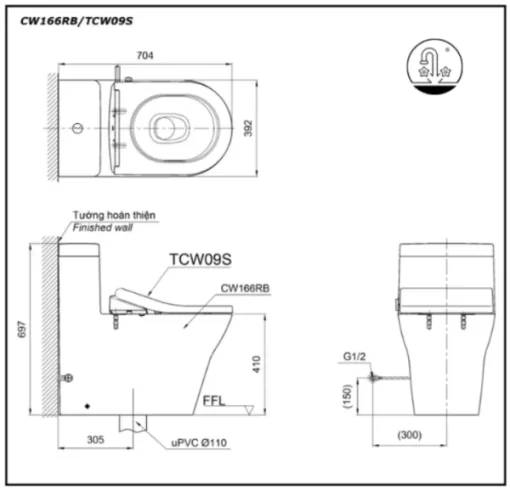 Bồn Cầu TOTO CW166RB#XW 1 Khối Nắp Rửa Cơ TCW09S - 5