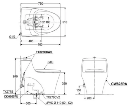 Bồn Cầu TOTO CW823RAT2#W/T53P100VR 1 khối Nắp Đóng Êm TC393VS - 9