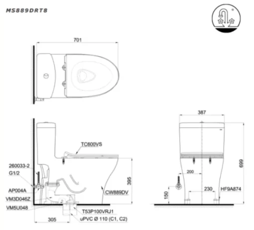 Bồn Cầu TOTO 1 khối MS889DRT8#XW Nắp Đóng Êm TC600VS - 5