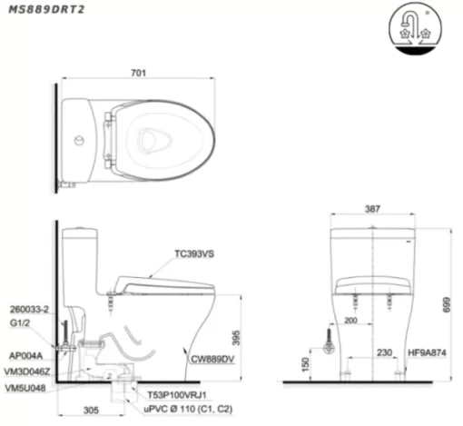 Bồn Cầu TOTO MS889DRT2#XW 1 khối Nắp Đóng Êm TC393VS - 7