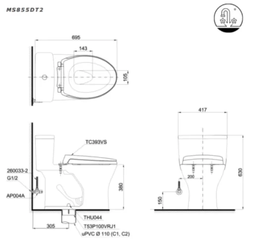 Bồn Cầu TOTO MS855DT2#XW 1 khối Nắp Đóng Êm TC393VS - 5