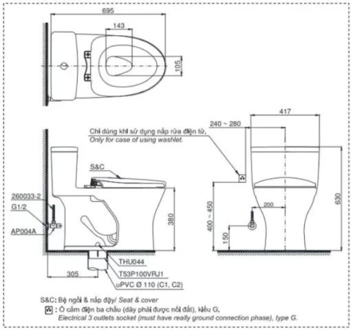 Bồn Cầu TOTO 1 khối MS855DT8#XW Nắp Đóng Êm TC600VS - 5