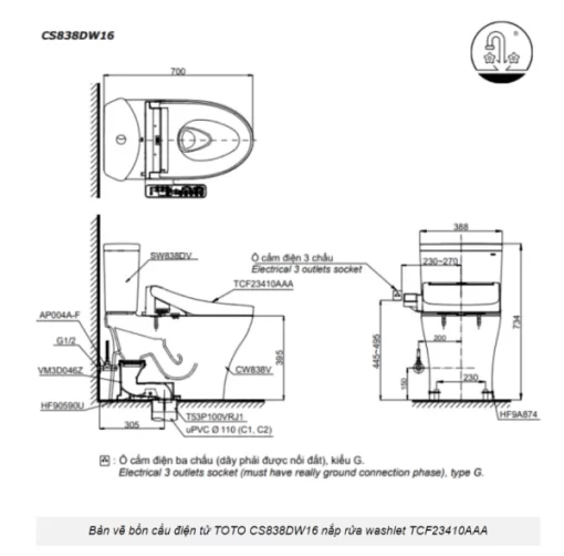 Bồn Cầu Điện Tử TOTO CS838DW16#XW Kèm Nắp Rửa Điện Tử WASHLET Dòng C2 – TCF23410AAA (220V) - 7