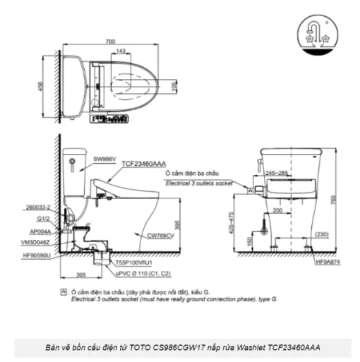 Bồn Cầu Điện Tử TOTO CS986CGW17#XW Kèm Nắp Rửa Điện Tử WASHLET (Loại Giấu Dây) Dòng C2 – TCF23460AAA (220V) - 7