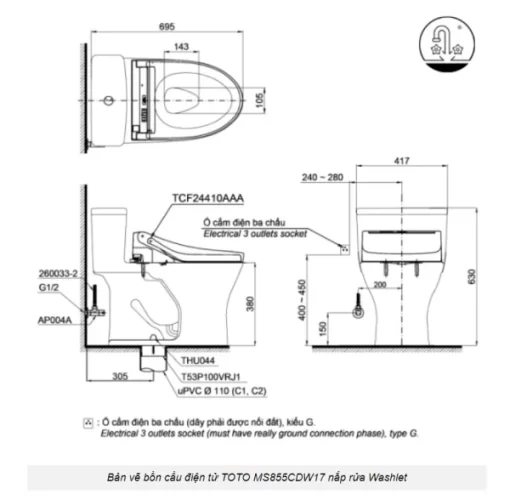 Bồn Cầu Điện Tử TOTO MS855CDW17#XW Kèm Nắp Rửa Điện Tử WASHLET (Loại Giấu Dây) Dòng C2 – TCF23460AAA (220V) - 7