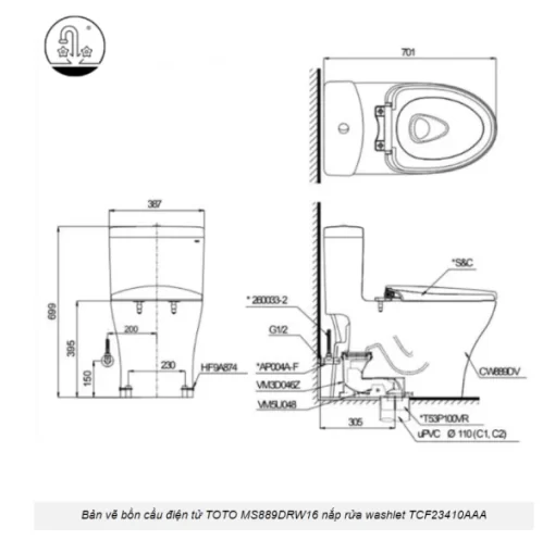 Bồn Cầu Điện Tử TOTO MS889DRW16#XW Kèm Nắp Rửa Điện Tử WASHLET Dòng C2 – TCF23410AAA (220V) - 7