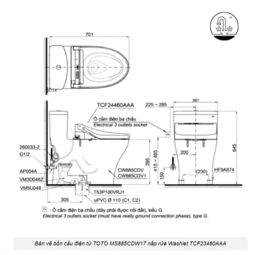 Bồn Cầu Điện Tử TOTO MS885CDW17#XW Kèm Nắp Rửa Điện Tử WASHLET (Loại Giấu Dây) Dòng C2 – TCF23460AAA (220V) - 7