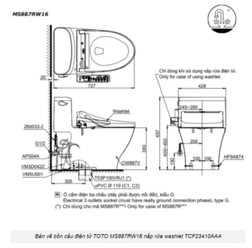 Bồn Cầu Điện Tử TOTO MS887RW16#XW Kèm Nắp Rửa Điện Tử WASHLET Dòng C2 – TCF23410AAA (220V) - 7
