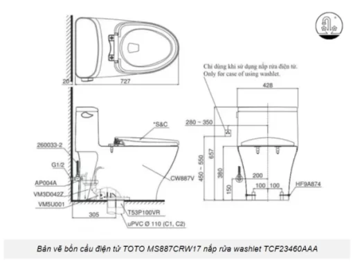 Bồn Cầu Điện Tử TOTO MS887CRW17#XW Kèm Nắp Rửa Điện Tử WASHLET (Loại Giấu Dây) Dòng C2 – TCF23460AAA (220V) - 7